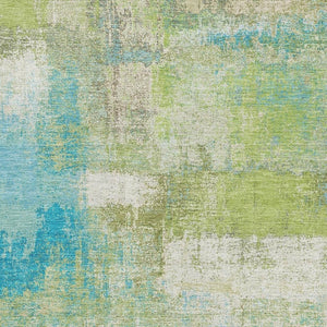 HomeRoots 5' Vibrant Lime Green Teal Ivory Abstract Area Rug - Washable, UV Protected, Ideal for Homes with Kids 693176