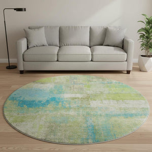 HomeRoots 8' X 8' Vibrant Lime Green Teal & Ivory Abstract Washable Round Rug with UV Protection & Non-Slip Backing 693177