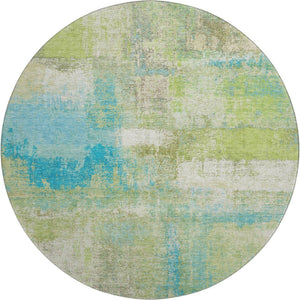 HomeRoots 8' X 8' Vibrant Lime Green Teal & Ivory Abstract Washable Round Rug with UV Protection & Non-Slip Backing 693177