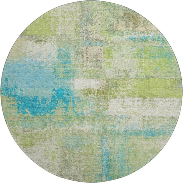 HomeRoots 8' X 8' Vibrant Lime Green Teal & Ivory Abstract Washable Round Rug with UV Protection & Non-Slip Backing 693177