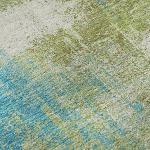 HomeRoots 8' X 8' Vibrant Lime Green Teal & Ivory Abstract Washable Round Rug with UV Protection & Non-Slip Backing 693177