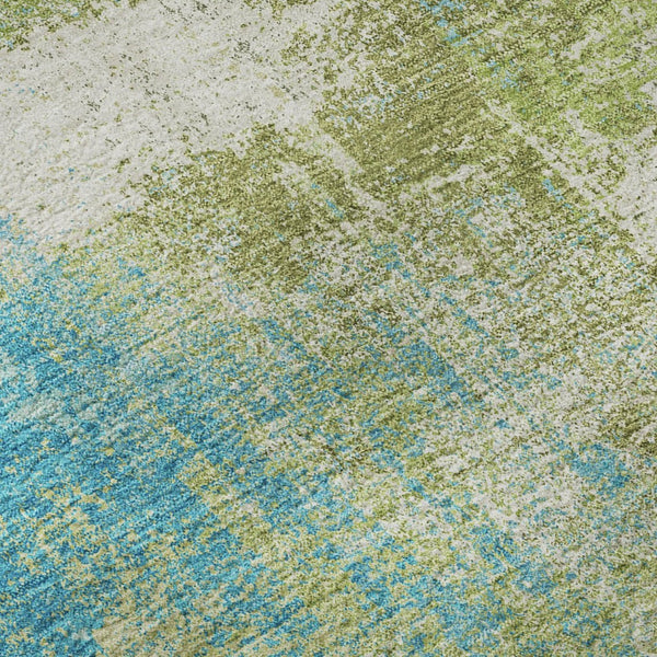 HomeRoots 8' X 8' Vibrant Lime Green Teal & Ivory Abstract Washable Round Rug with UV Protection & Non-Slip Backing 693177