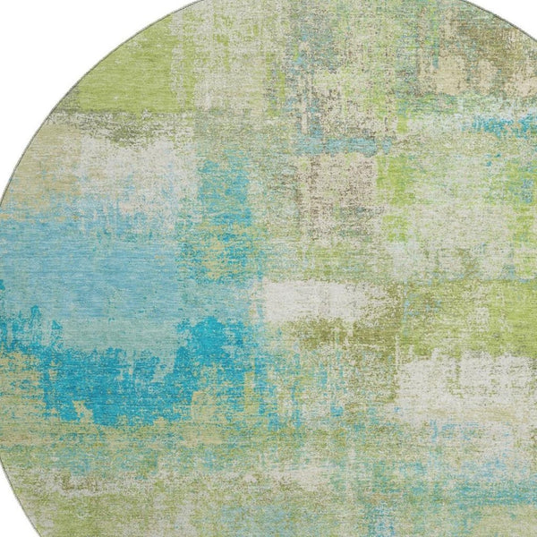 HomeRoots 8' X 8' Vibrant Lime Green Teal & Ivory Abstract Washable Round Rug with UV Protection & Non-Slip Backing 693177