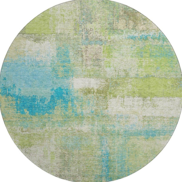 HomeRoots 8' X 8' Vibrant Lime Green Teal & Ivory Abstract Washable Round Rug with UV Protection & Non-Slip Backing 693177