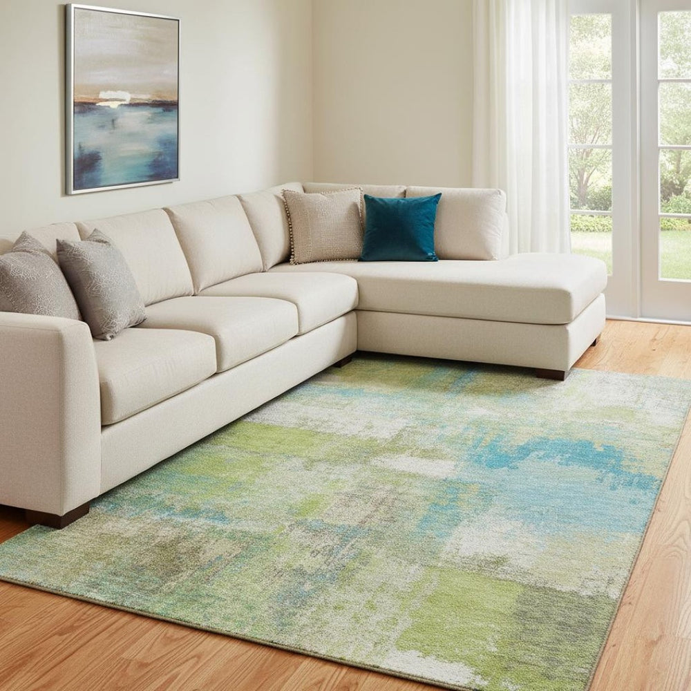 HomeRoots 8' Vibrant Lime Green, Teal & Ivory Abstract Area Rug - Washable, UV-Protected, Durable Design 693178