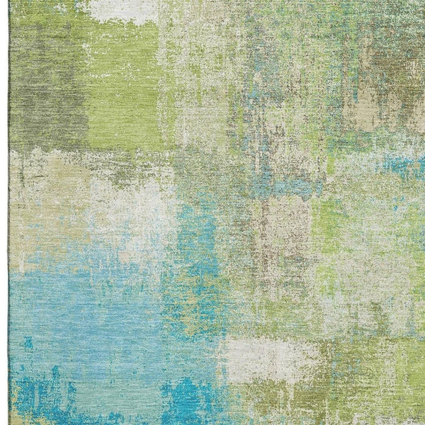 HomeRoots 8' Vibrant Lime Green, Teal & Ivory Abstract Area Rug - Washable, UV-Protected, Durable Design 693178