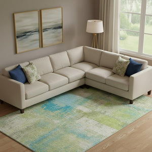HomeRoots 9' X 12' Vibrant Lime Green, Teal & Ivory Abstract Washable Area Rug with UV Protection & Style 693179