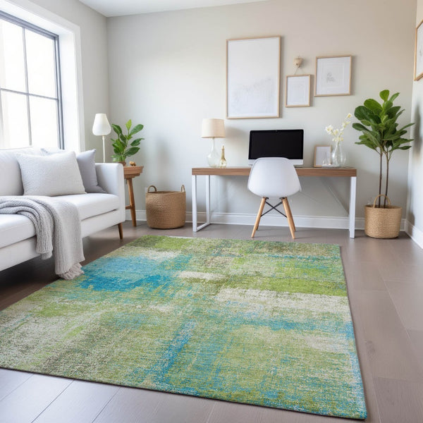 HomeRoots 9' X 12' Vibrant Lime Green, Teal & Ivory Abstract Washable Area Rug with UV Protection & Style 693179