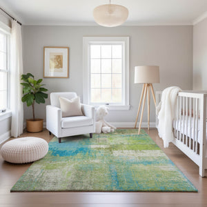 HomeRoots 9' X 12' Vibrant Lime Green, Teal & Ivory Abstract Washable Area Rug with UV Protection & Style 693179