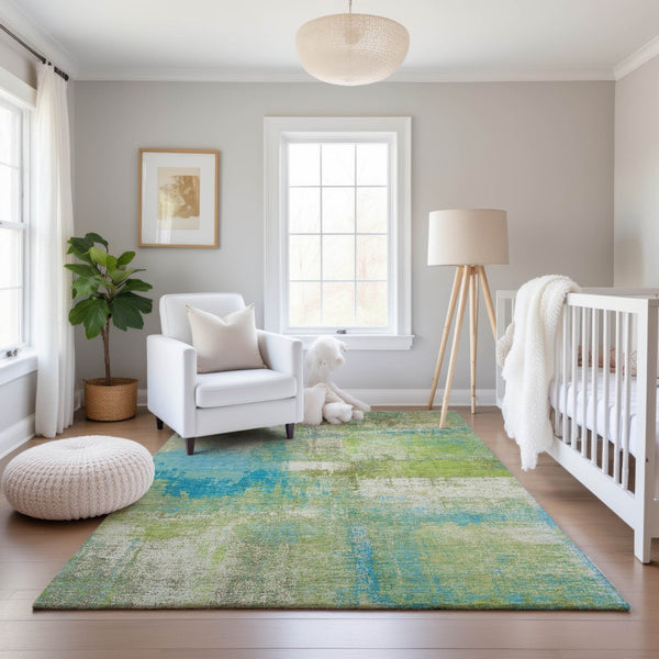 HomeRoots 9' X 12' Vibrant Lime Green, Teal & Ivory Abstract Washable Area Rug with UV Protection & Style 693179