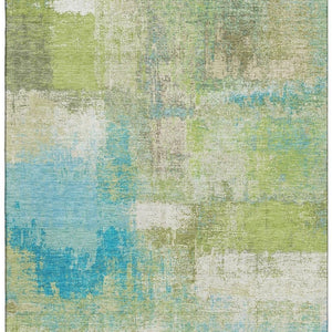 HomeRoots 9' X 12' Vibrant Lime Green, Teal & Ivory Abstract Washable Area Rug with UV Protection & Style 693179