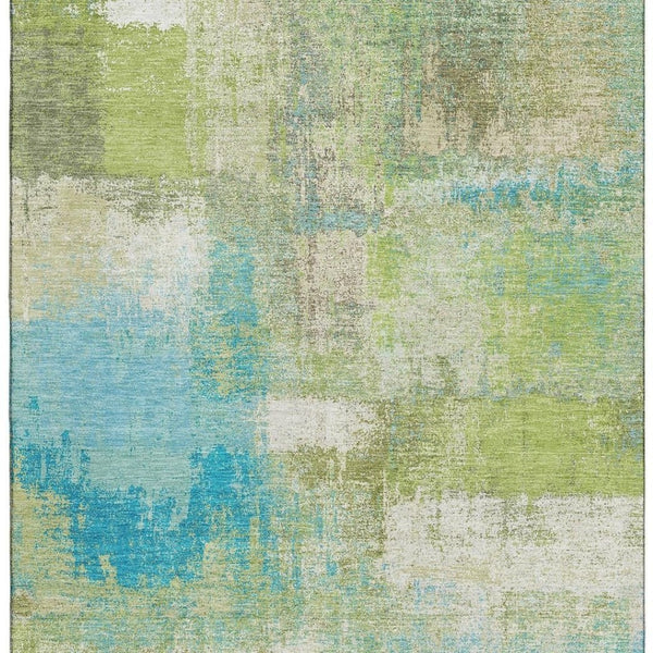 HomeRoots 9' X 12' Vibrant Lime Green, Teal & Ivory Abstract Washable Area Rug with UV Protection & Style 693179