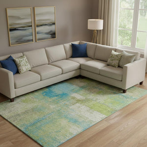 HomeRoots 10' Vibrant Lime Green Teal Ivory Abstract Area Rug - Washable, UV Protected, Durable, Stylish 693180