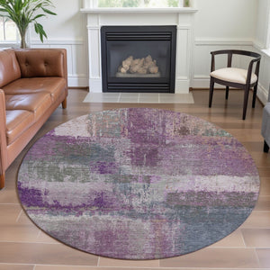 HomeRoots 8' X 8' Modern Abstract Round Rug in Lavender Blue & Ivory - Washable, UV-Protected & Durable Design 693183