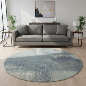 HomeRoots 8' X 8' Sage Ivory and Blue Abstract Round Rug - Washable, UV-Protected, Non-Slip for Family Homes 693189