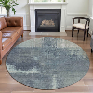 HomeRoots 8' X 8' Sage Ivory and Blue Abstract Round Rug - Washable, UV-Protected, Non-Slip for Family Homes 693189