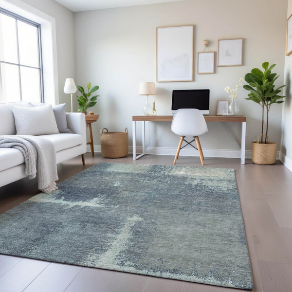 HomeRoots 8' Modern Abstract Washable Area Rug in Sage, Ivory & Blue with UV Protection for Busy Homes 693190