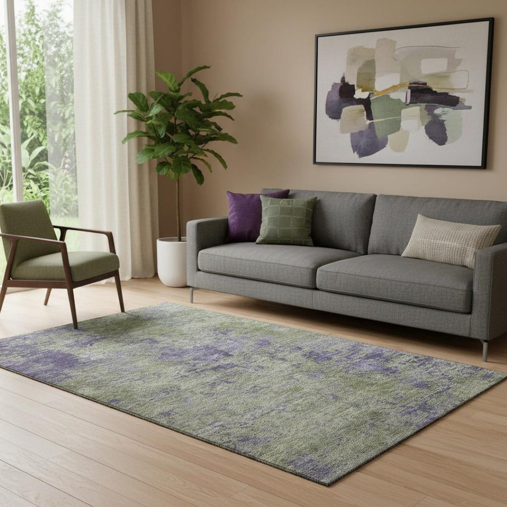 HomeRoots 5' Stylish Olive Green & Purple Abstract Area Rug - Washable, UV-Protected, Non-Slip Design! 693200