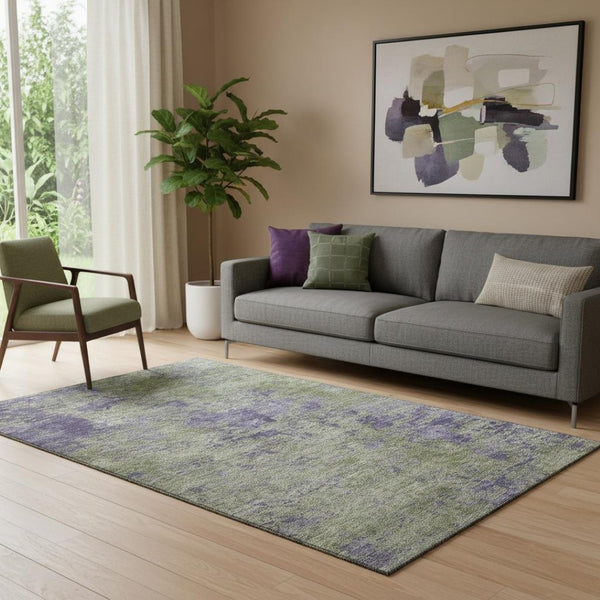 HomeRoots 5' Stylish Olive Green & Purple Abstract Area Rug - Washable, UV-Protected, Non-Slip Design! 693200