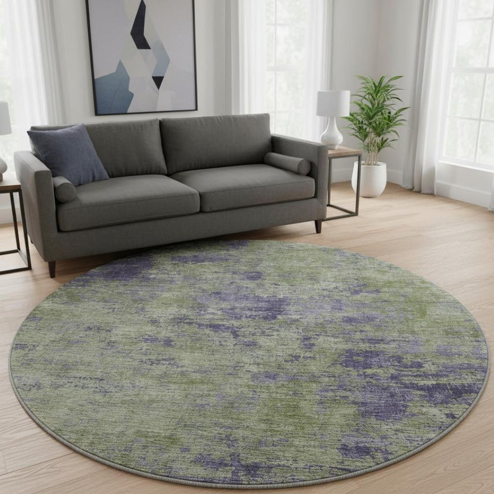HomeRoots 8' X 8' Modern Olive Green & Purple Abstract Washable Round Rug - UV Protected, Easy Care & Stylish 693201