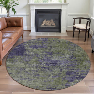HomeRoots 8' X 8' Modern Olive Green & Purple Abstract Washable Round Rug - UV Protected, Easy Care & Stylish 693201