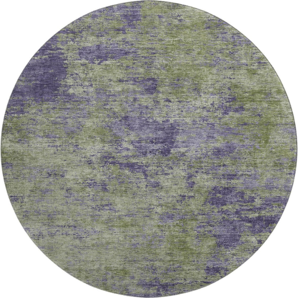HomeRoots 8' X 8' Modern Olive Green & Purple Abstract Washable Round Rug - UV Protected, Easy Care & Stylish 693201