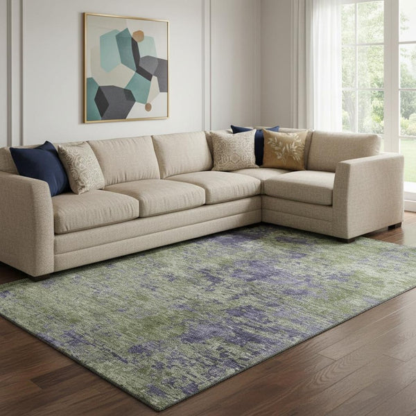 HomeRoots 8' Olive Green & Purple Abstract Area Rug - Washable, UV-Protected, Perfect for Busy Homes! 693202