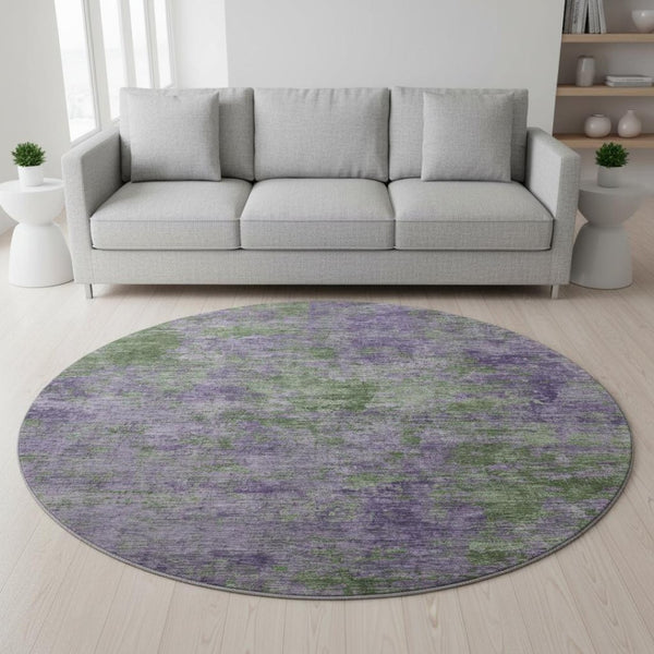 HomeRoots 8' X 8' Washable Round Rug in Bold Purple & Green Abstract Design with UV Protection & Durability 693207