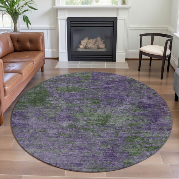 HomeRoots 8' X 8' Washable Round Rug in Bold Purple & Green Abstract Design with UV Protection & Durability 693207