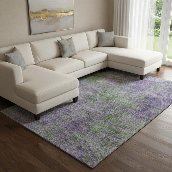 HomeRoots 8' Vibrant Purple and Green Abstract Area Rug - Washable, UV Protected, Perfect for High-Traffic Homes! 693208