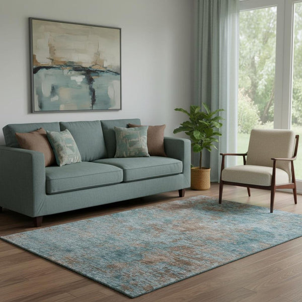 HomeRoots 5' X 8' Teal And Brown Abstract Washable Area Rug - UV Protected, Kid & Pet Friendly Design! 693212