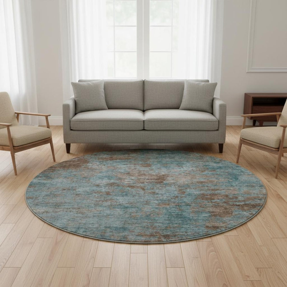 HomeRoots 8' X 8' Teal & Brown Abstract Area Rug – Washable, UV-Protected, Stylish for High-Traffic Spaces 693213