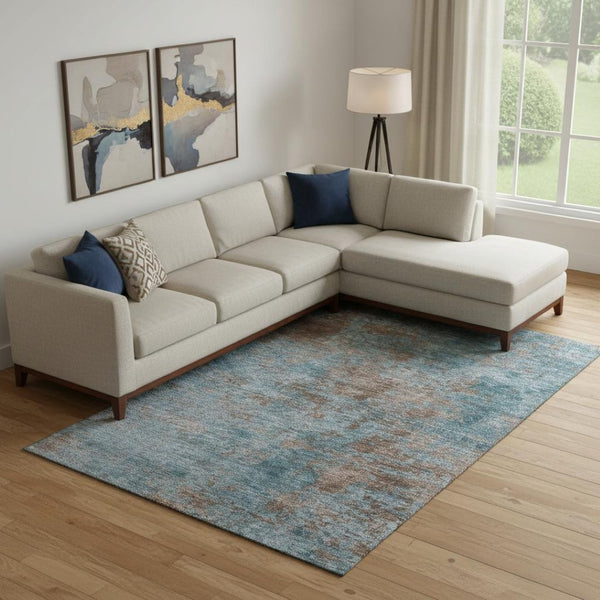 HomeRoots 9' X 12' Teal and Brown Abstract Area Rug - Washable, UV Protected, Perfect for High-Traffic Homes! 693215