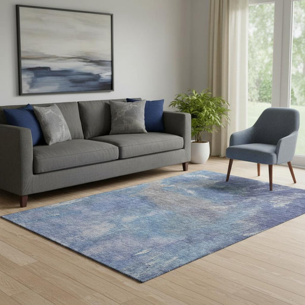 HomeRoots 5' Modern Blue Gray Silver Abstract Washable Area Rug with UV Protection & Stain Resistance 693218