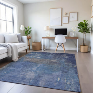 HomeRoots 5' Modern Blue Gray Silver Abstract Washable Area Rug with UV Protection & Stain Resistance 693218