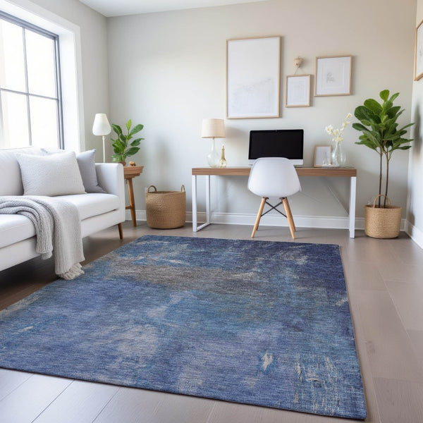HomeRoots 5' Modern Blue Gray Silver Abstract Washable Area Rug with UV Protection & Stain Resistance 693218
