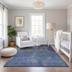 HomeRoots 5' Modern Blue Gray Silver Abstract Washable Area Rug with UV Protection & Stain Resistance 693218
