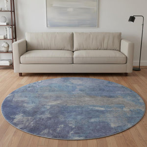 HomeRoots 8' X 8' Stylish Blue Gray & Silver Abstract Round Rug - Washable, UV-Protected, Stain-Resistant 693219