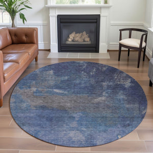 HomeRoots 8' X 8' Stylish Blue Gray & Silver Abstract Round Rug - Washable, UV-Protected, Stain-Resistant 693219