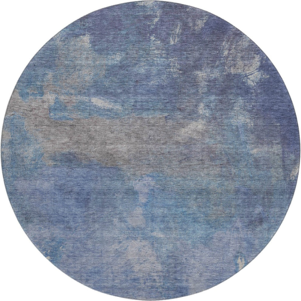 HomeRoots 8' X 8' Stylish Blue Gray & Silver Abstract Round Rug - Washable, UV-Protected, Stain-Resistant 693219
