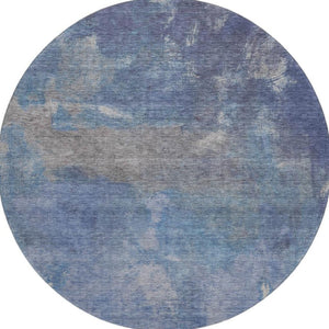 HomeRoots 8' X 8' Stylish Blue Gray & Silver Abstract Round Rug - Washable, UV-Protected, Stain-Resistant 693219