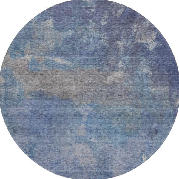 HomeRoots 8' X 8' Stylish Blue Gray & Silver Abstract Round Rug - Washable, UV-Protected, Stain-Resistant 693219