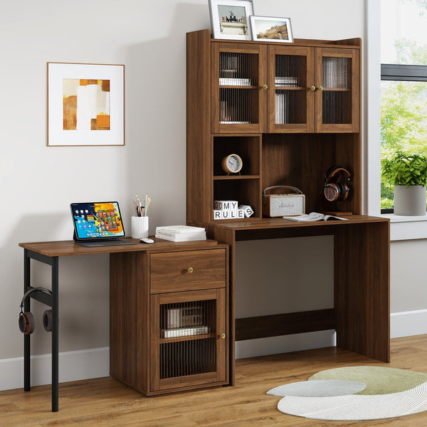 English Elm Computer Desk with Glass Doors, Hutch & Drawer Storage, Rotating 90° Desktop and Spacious Work Surface Walnut W331S00195