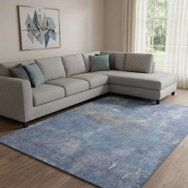 HomeRoots 8' Blue Gray & Silver Abstract Washable Area Rug - UV Protected, Stain Resistant, Non-Slip Backing 693220