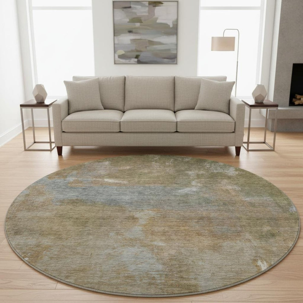 HomeRoots 8' X 8' Stylish Copper and Gray Abstract Washable Round Rug with UV Protection for High-Traffic Areas 693225