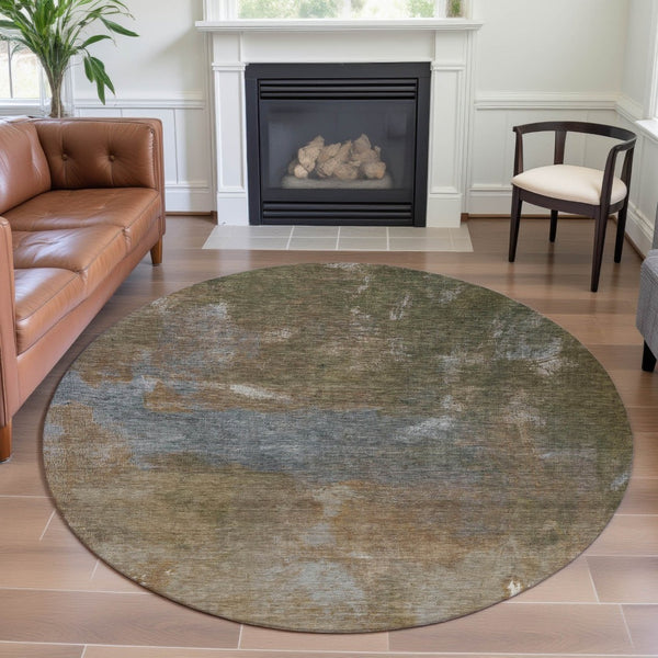 HomeRoots 8' X 8' Stylish Copper and Gray Abstract Washable Round Rug with UV Protection for High-Traffic Areas 693225