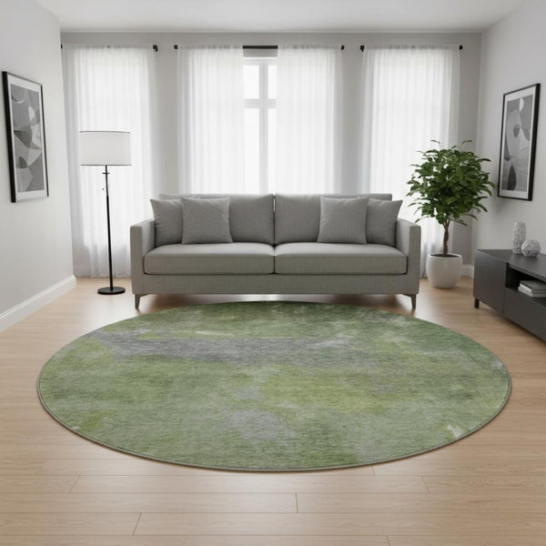 HomeRoots 8' X 8' Stylish Green and Gray Abstract Washable Round Rug with UV Protection for High-Traffic Areas 693231