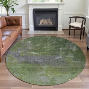 HomeRoots 8' X 8' Stylish Green and Gray Abstract Washable Round Rug with UV Protection for High-Traffic Areas 693231