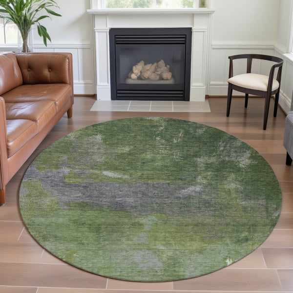 HomeRoots 8' X 8' Stylish Green and Gray Abstract Washable Round Rug with UV Protection for High-Traffic Areas 693231