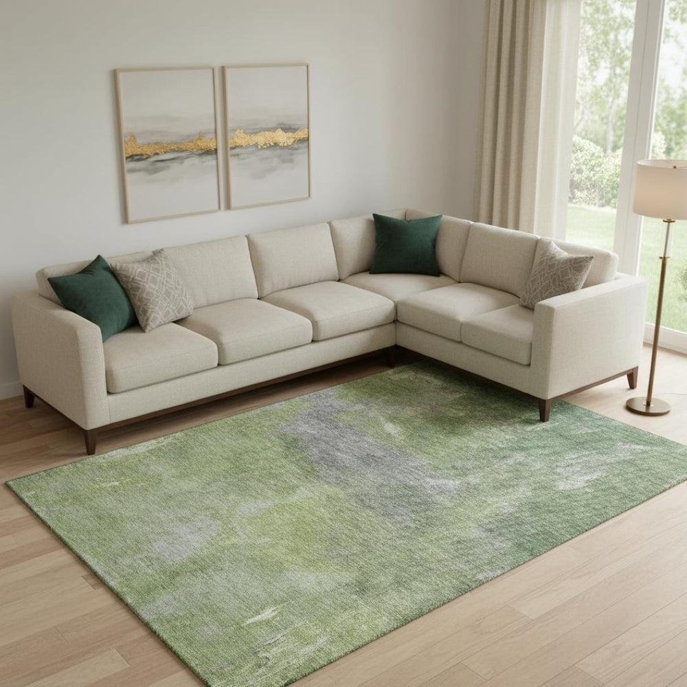 HomeRoots 9' X 12' Abstract Green and Gray Area Rug - Washable, UV Protected, Stain-Resistant, Non-Slip Design 693233
